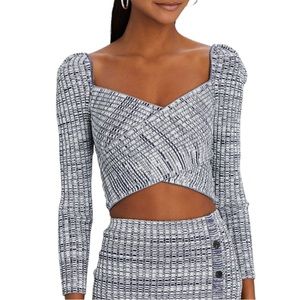 NWOT SELF-PORTRAIT Crossover Ribbed Knit Crop Top Navy/White LG new without tags
